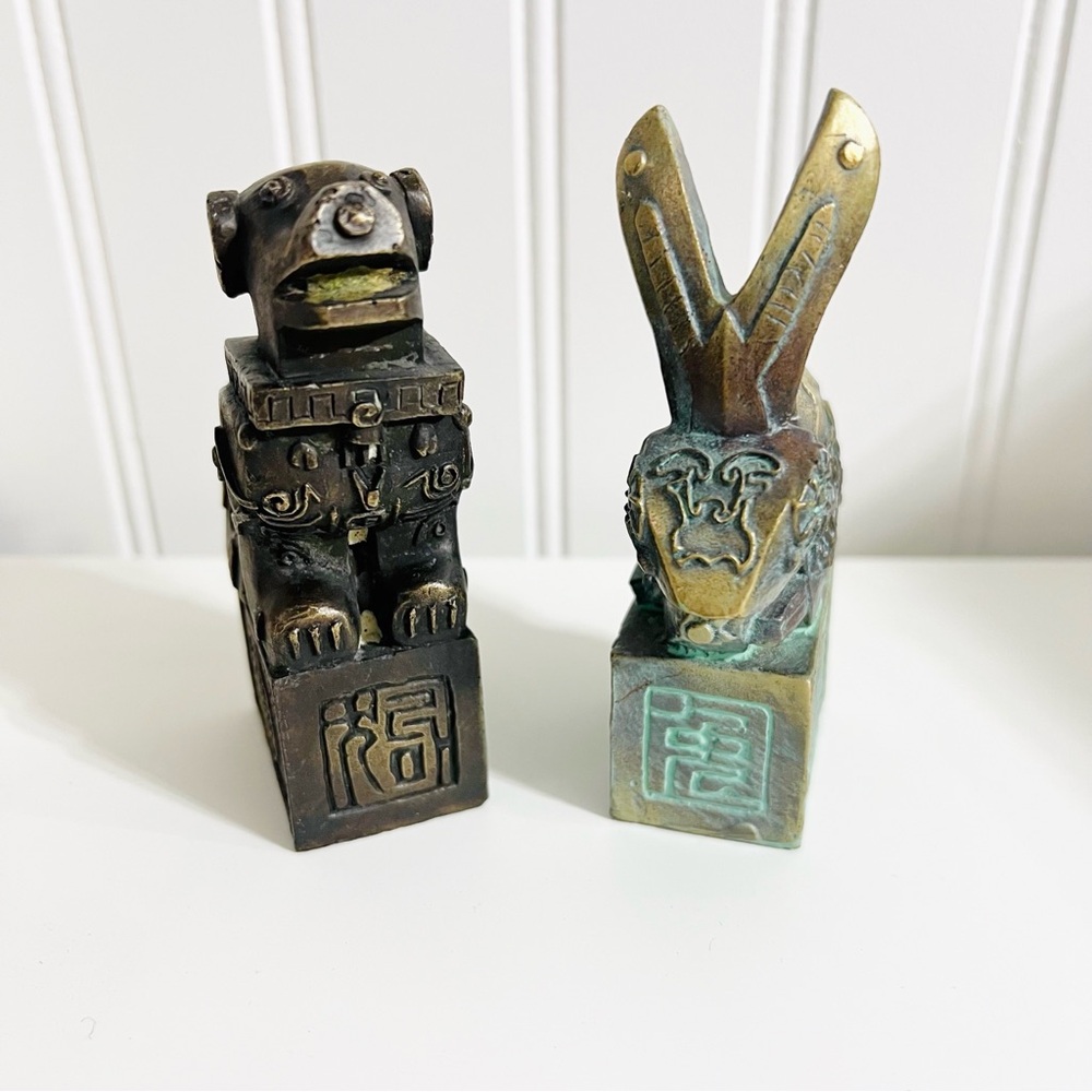 Vintage Bronze Chinese Guardian Lion Foo Dog Rabbit Small Figurine